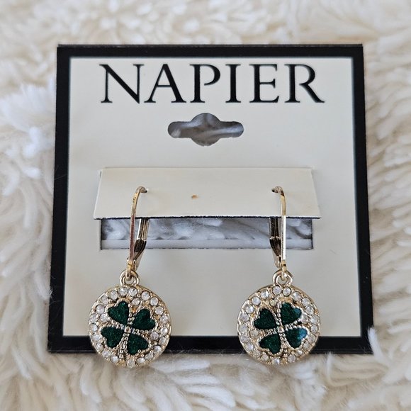 Napier Earrings Shamrock Lucky 1" Green/Rhinestone Charming - Picture 10 of 11